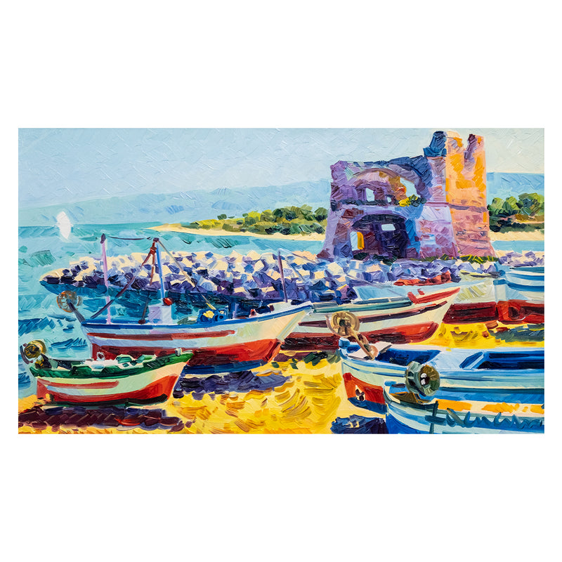 Athos Faccincani - Le Barche dei Pescatori sull'Isola - Olio su Tela